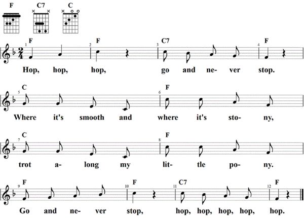 My little pony, hop, hop, hop, Noten mit Liedtext und Gitarrenakkorden F-Dur