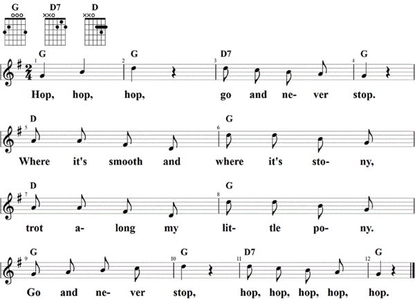 My little pony, hop, hop, hop, Noten mit Liedtext und Gitarrenakkorden G-Dur