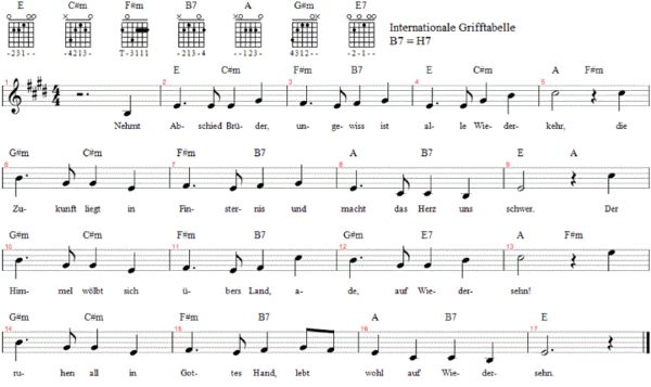 Nehmt Abschied Brüder, Noten mit Liedtext und Gitarrenakkorden E-Dur
