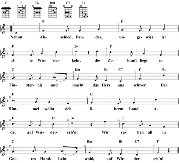Nehmt Abschied Brüder, Noten mit Liedtext und Gitarrenakkorden F-Dur