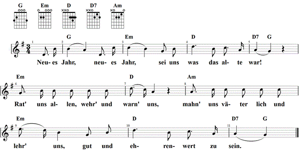 Neues Jahr, neues Jahr, Noten und Gitarrenakkorde