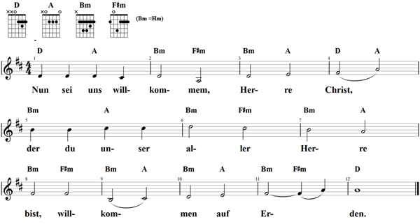 Nun sei uns willkommen, Noten und Gitarrenakkorde