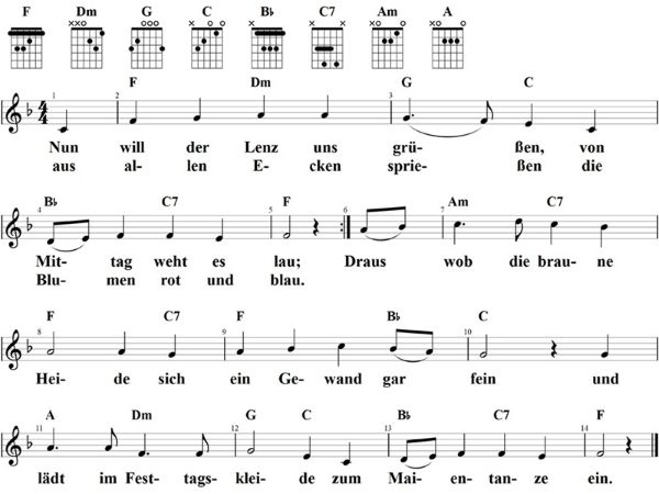 Nun will der Lenz uns grüßen, Noten mit Liedtext und Gitarrenakkorden F-Dur