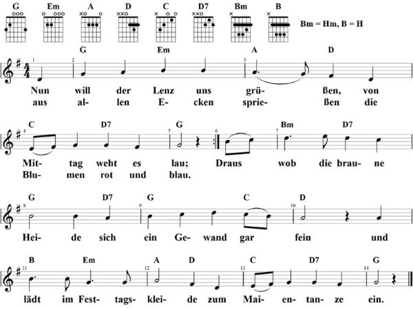 Nun will der Lenz uns grüßen, Noten mit Liedtext und Gitarrenakkorden G-Dur
