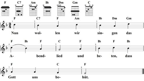 Nun wollen wir singen das Abendlied, Noten mit Liedtext und Gitarrenakkorden F-Dur