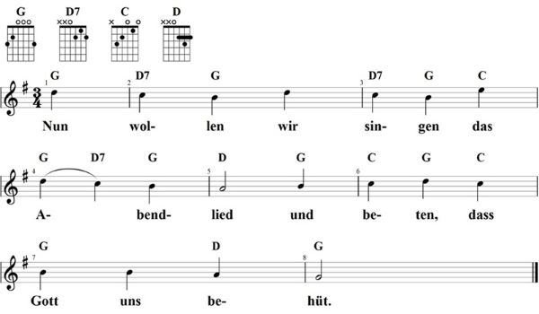 Nun wollen wir singen das Abendlied, Noten mit Liedtext und Gitarrenakkorden G-Dur