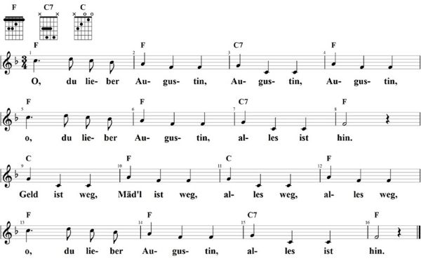 O du lieber Augustin, Noten mit Liedtext und Gitarrenakkorden F-Dur
