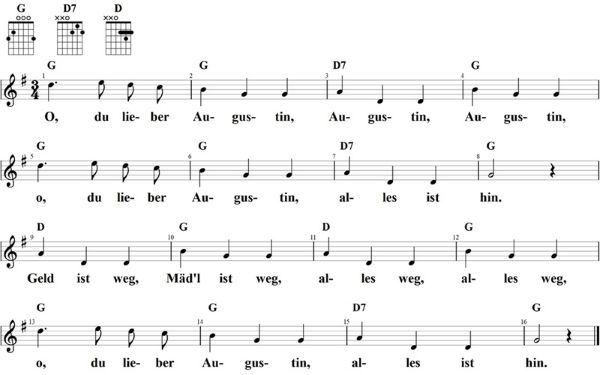 O du lieber Augustin, Noten mit Liedtext und Gitarrenakkorden G-Dur