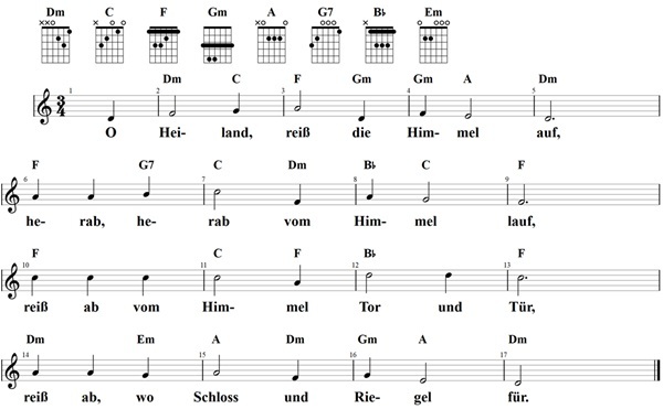 O Heiland, reiß die Himmel auf, Noten und Gitarrenakkorde