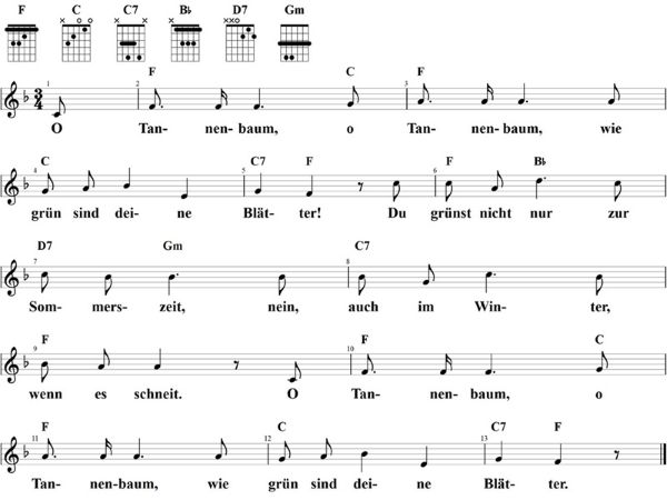 O Tannenbaum, o Tannenbaum, Noten mit Liedtext und Gitarrenakkorden F-Dur