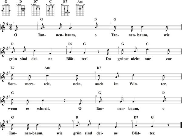O Tannenbaum, o Tannenbaum, Noten mit Liedtext und Gitarrenakkorden G-Dur