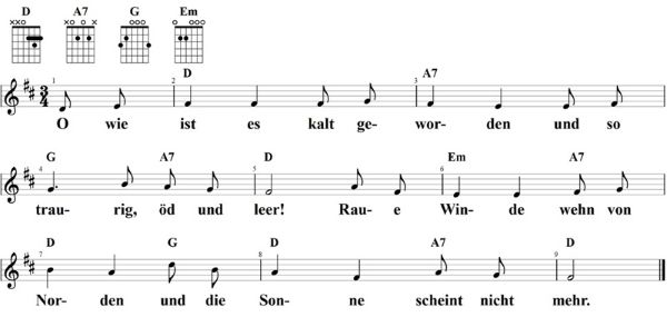 O wie ist es kalt geworden, Noten mit Liedtext und Gitarrenakkorden D-Dur