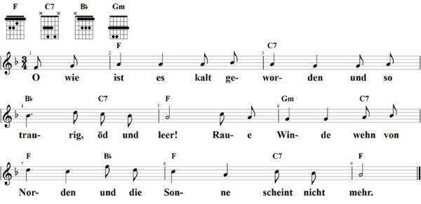 O wie ist es kalt geworden, Noten mit Liedtext und Gitarrenakkorden F-Dur
