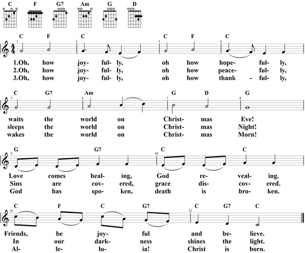 O how joyfully, Noten und Gitarrenakkorde