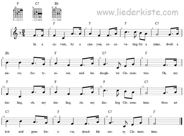 Oh my darling Clementine, Noten mit Liedtext und Gitarrenakkorden F-Dur