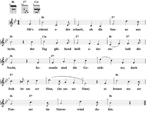 Ob's stürmt oder schneit, Noten mit Liedtext und Gitarrenakkorden Bb-Dur