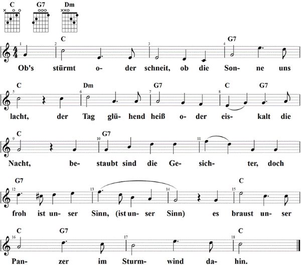 Ob's stürmt oder schneit, Noten mit Liedtext und Gitarrenakkorden C-Dur