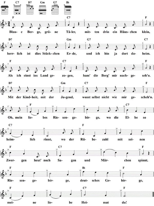 Blaue Berge, grüne Täler, Noten mit Liedtext und Gitarrenakkorden F-Dur