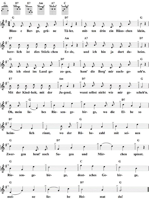 Blaue Berge, grüne Täler, Noten mit Liedtext und Gitarrenakkorden G-Dur
