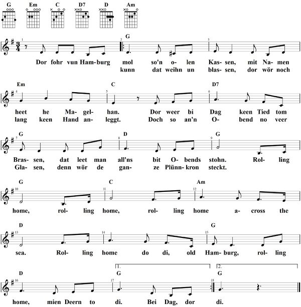 Von Hamborg fohr so'n ohlen Kassen, Noten mit Liedtext und Gitarrenakkorden G-Dur
