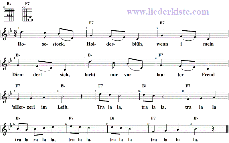 Rosestock, Holderblüh, Noten und Gitarrenakkorde