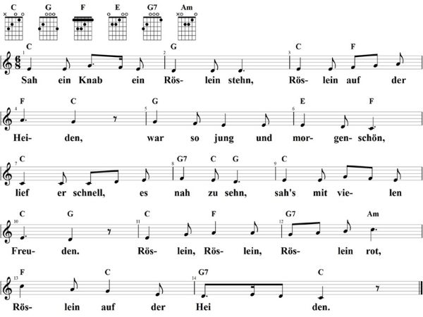 Sah ein Knab ein Röslein stehn, Noten mit Liedtext und Gitarrenakkorden C-Dur