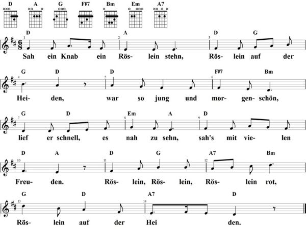 Sah ein Knab ein Röslein stehn, Noten mit Liedtext und Gitarrenakkorden D-Dur