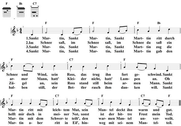 Sankt Martin ritt durch Schnee und Wind, Noten und Gitarrenakkorde