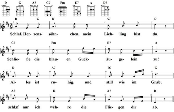 Schlaf, Herzenssöhnchen, Noten mit Liedtext und Gitarrenakkorden D-Dur