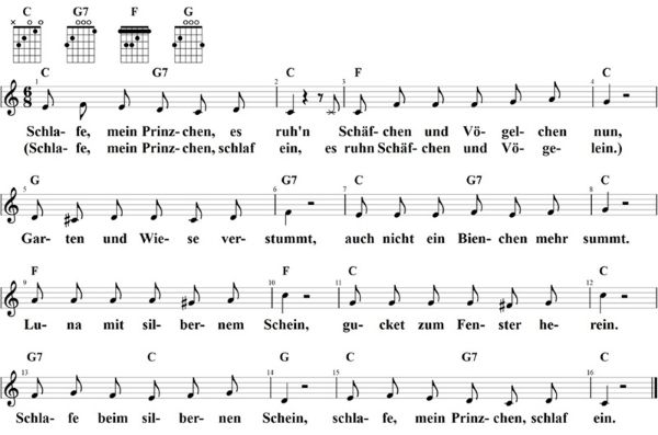 Schlafe, mein Prinzchen, schlaf ein, Noten mit Liedtext und Gitarrenakkorden C-Dur