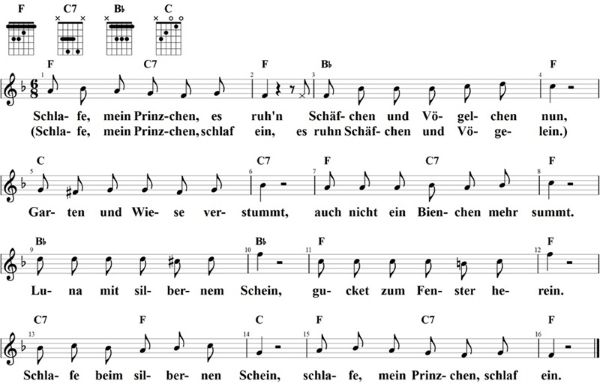 Schlafe, mein Prinzchen, schlaf ein, Noten mit Liedtext und Gitarrenakkorden F-Dur