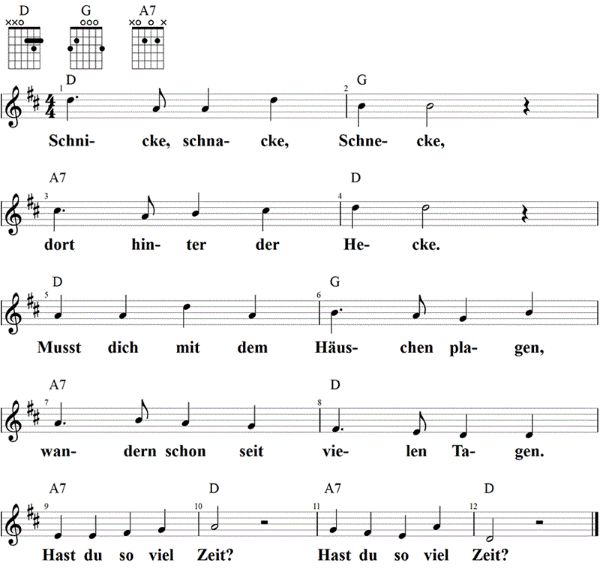 Schnicke, Schnacke, Schnecke, Noten mit Liedtext und Gitarrenakkorden D-Dur