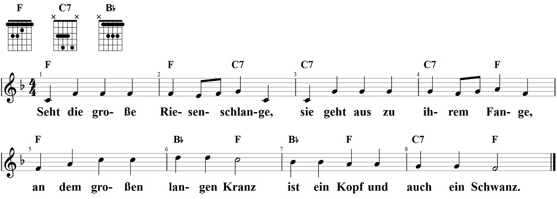 Seht die große Riesenschlange, Noten und Gitarrenakkorde