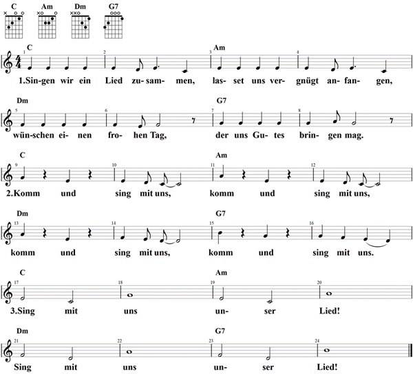 Singen wir ein Lied zusammen, Noten