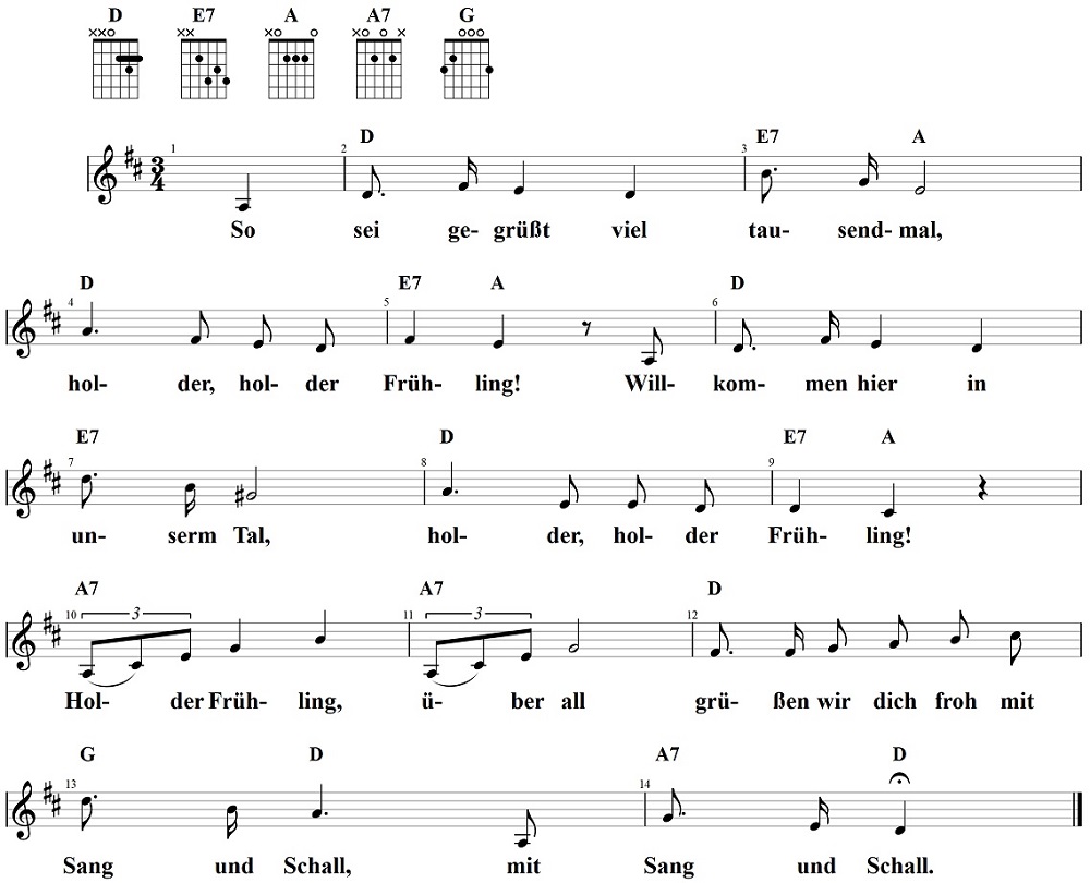 Frühlingsgruß in D, So sei gegrüßt viel tausendmal, Noten
