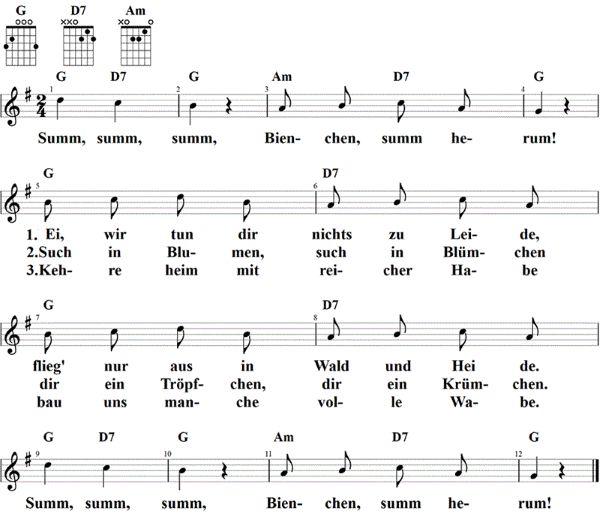Summ, summ, summ, Bienchen summ herum, Noten mit Liedtext und Gitarrenakkorden G-Dur