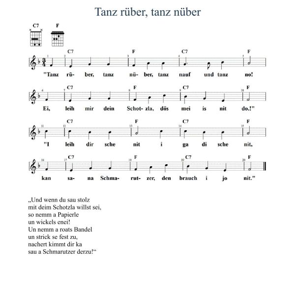 Tanz rüber, tanz nüber, Noten mit Liedtext und Gitarrenakkorden F-Dur