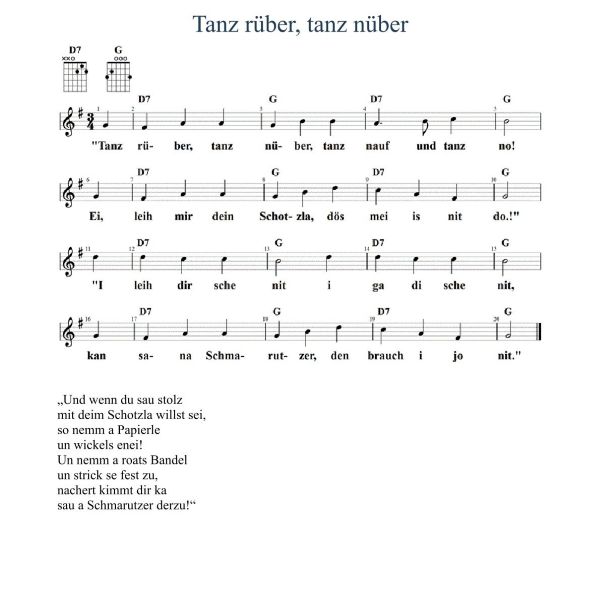 Tanz rüber, tanz nüber, Noten mit Liedtext und Gitarrenakkorden G-Dur