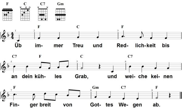 Üb immer Treu und Redlichkeit, Noten mit Liedtext und Gitarrenakkorden F-Dur