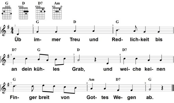 Üb immer Treu und Redlichkeit, Noten mit Liedtext und Gitarrenakkorden G-Dur