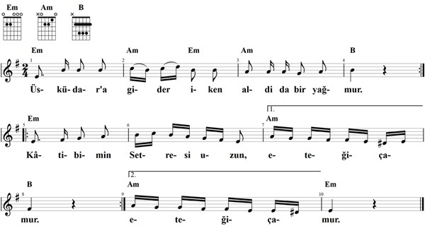 Üskudar'a gider iken, Noten und Gitarrenakkorde