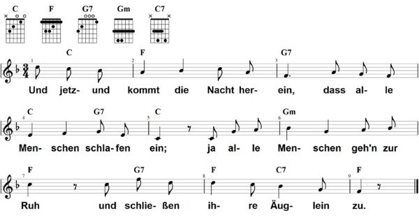 Und jetzund kommt die Nacht herein, Noten mit Liedtext und Gitarrenakkorden F-Dur