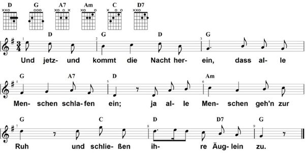 Und jetzund kommt die Nacht herein, Noten mit Liedtext und Gitarrenakkorden G-Dur