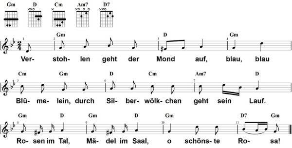 Verstohlen geht der Mond auf, Noten mit Liedtext und Gitarrenakkorden G-Moll