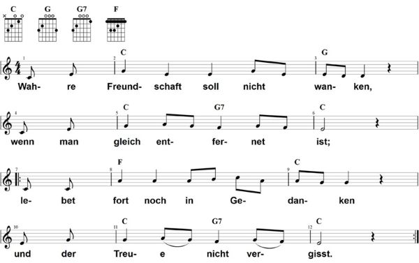 Wahre Freundschaft soll nicht wanken, Noten mit Liedtext und Gitarrenakkorden C-Dur