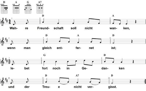 Wahre Freundschaft soll nicht wanken, Noten mit Liedtext und Gitarrenakkorden D-Dur