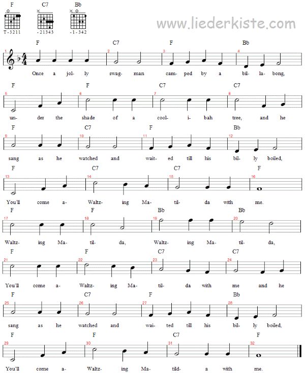 Waltzing Matilda, Noten mit Liedtext und Gitarrenakkorden F-Dur