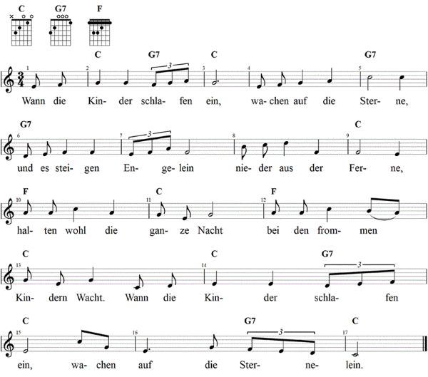 Wann die Kinder schlafen ein, Noten mit Liedtext und Gitarrenakkorden C-Dur