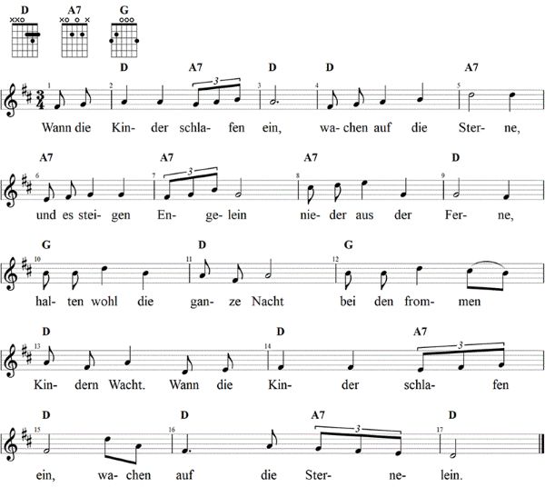 Wann die Kinder schlafen ein, Noten mit Liedtext und Gitarrenakkorden D-Dur