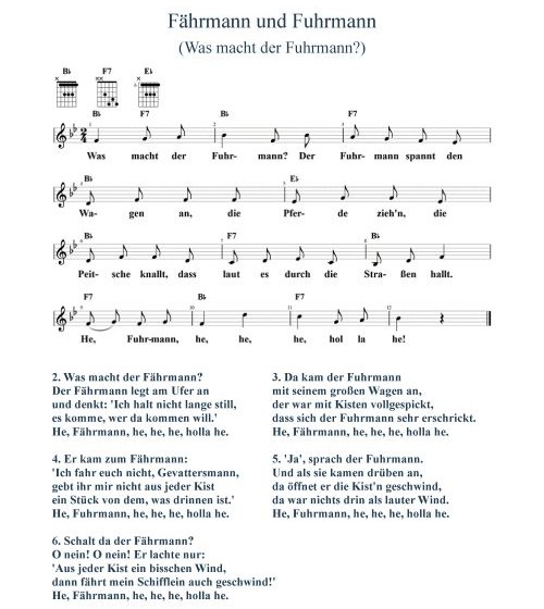 Was macht der Fuhrmann?, Noten mit Liedtext und Gitarrenakkorden Bb-Dur